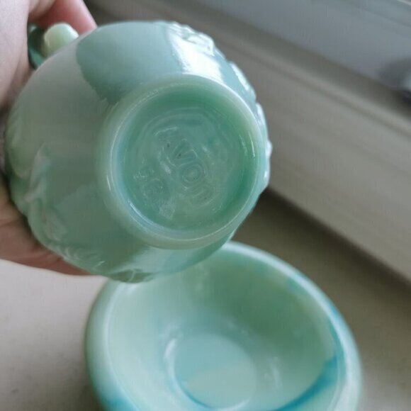 Vintage Avon Blue Roses Glass Mini Pitcher and Dish, Victoriana Jadeite Milk - Picture 4 of 4